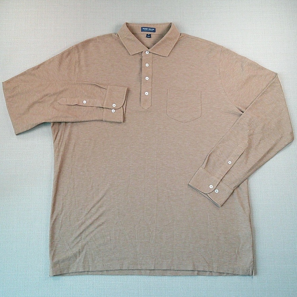 Peter Millar Long Sleeve Polo Men XL Brown Cotton Cashmere Crown Crafted Pocket - Picture 2 of 8